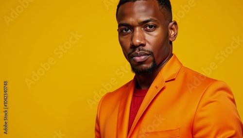 A striking portrait featuring an African-American man wearing an orange jacket against a vibrant yellow background