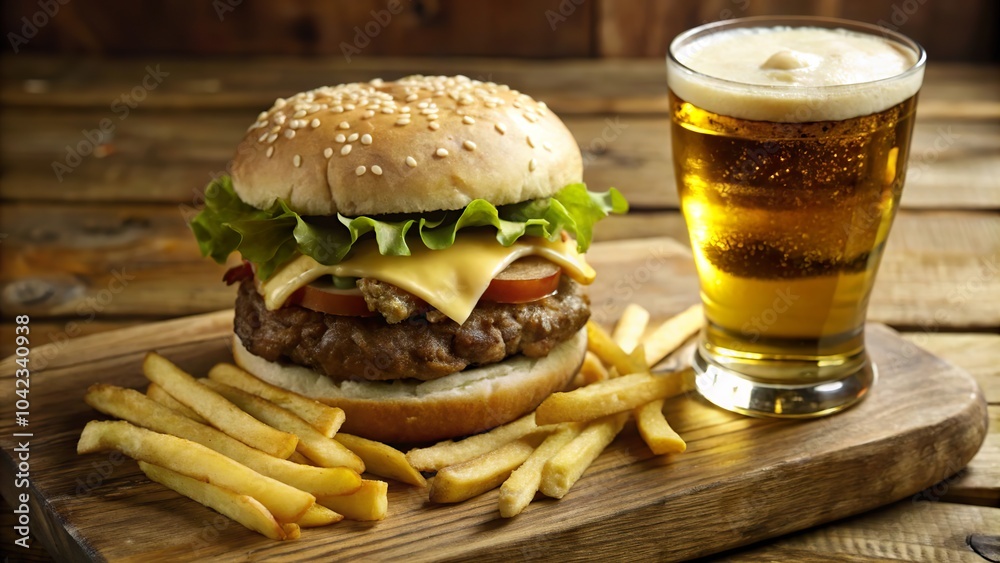 Enjoying a delicious burger with fries and a cold beer at a cozy wooden table for a satisfying meal Enjoying a delicious burger with fries and a cold beer at a cozy wooden table for a satisfying meal