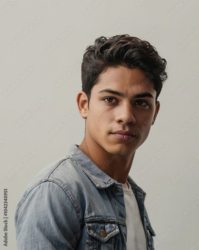 Obraz premium Latin American young man with an athletic build posing confidently against a plain white background