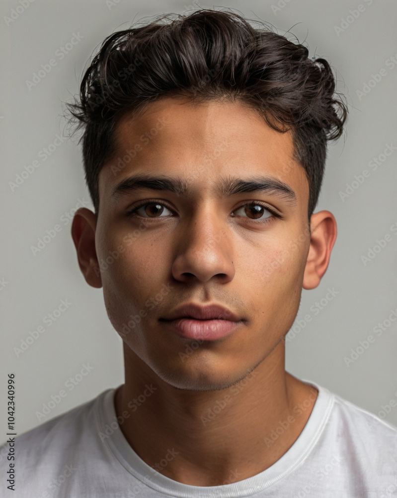 Latin American young man with an athletic build posing confidently against a plain white background Latin American young man with an athletic build posing confidently against a plain white background