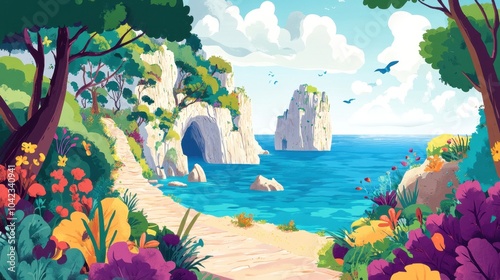 Serene Coastal Landscape with Lush Flora and Azure Seas