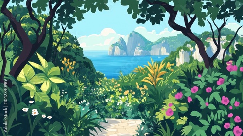 Enchanting Tropical Seascape Framed by Lush Greenery and Flower Blooms