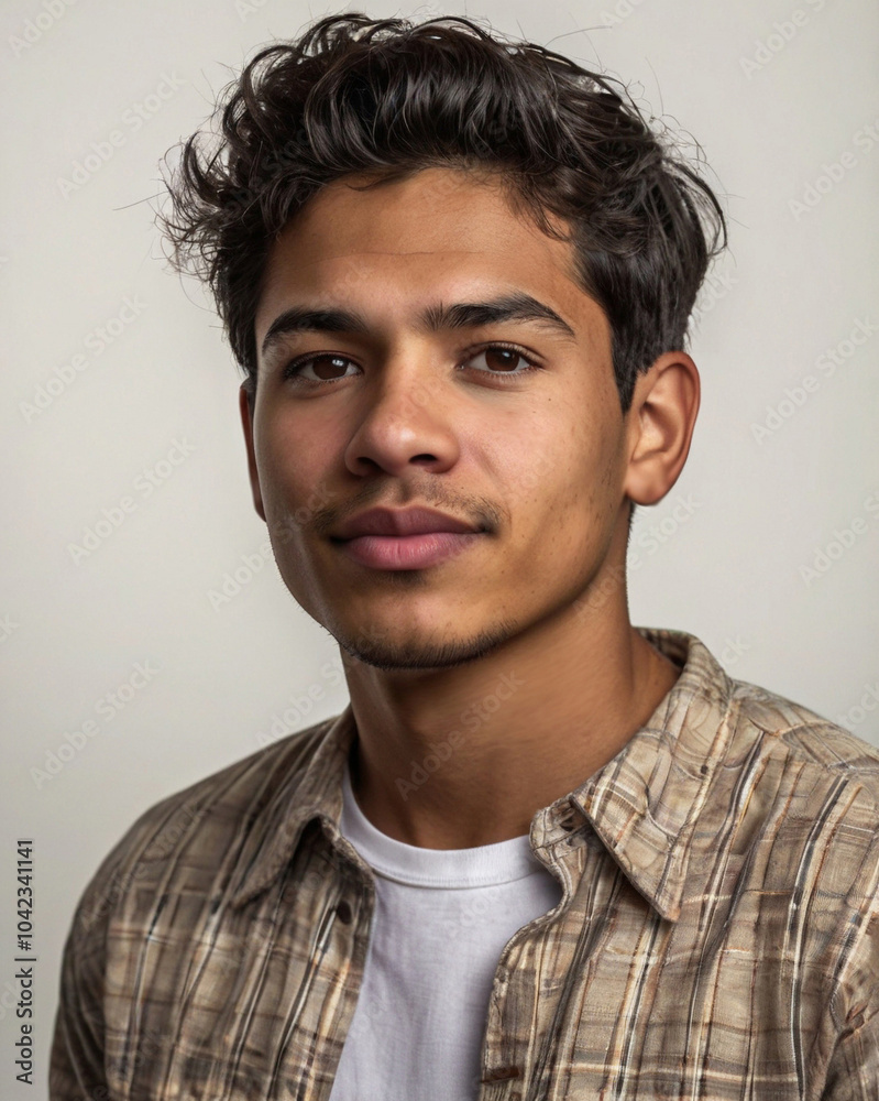 Fototapeta premium Latin American young man with an athletic build posing confidently against a plain white background