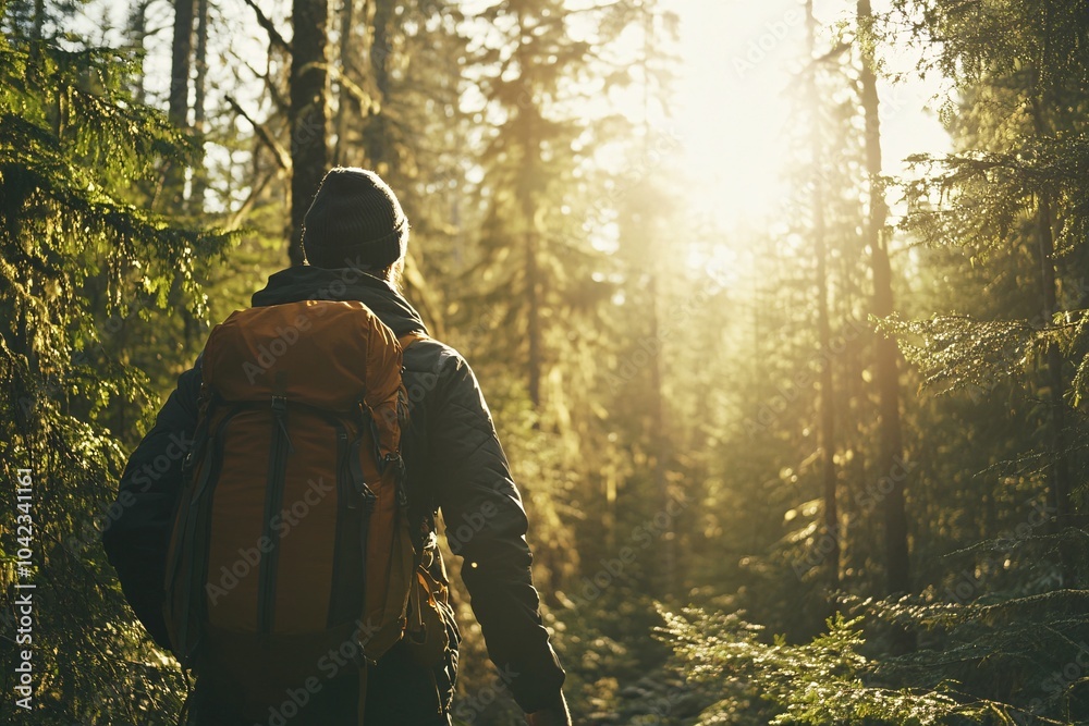 A man hiking alone in a serene forest, with sunlight filtering through the trees, capturing the essence of solitude and connection with nature 1 A man hiking alone in a serene forest, with sunlight filtering through the trees, capturing the essence of solitude and connection with nature 1