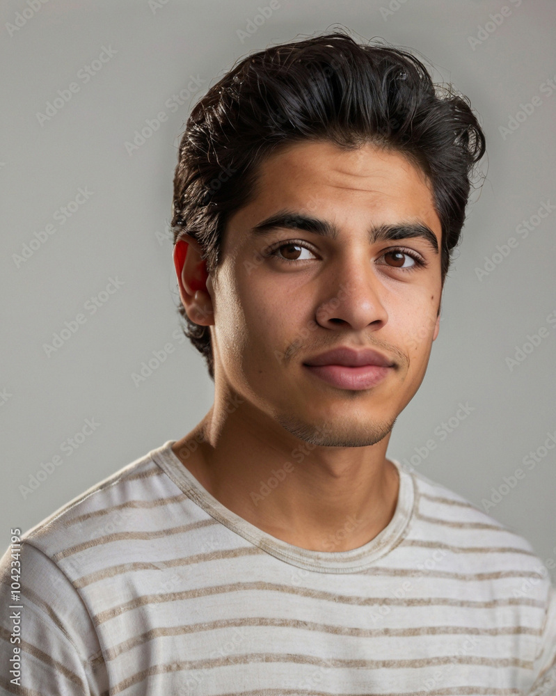 Latin American young man with an athletic build posing confidently against a plain white background Latin American young man with an athletic build posing confidently against a plain white background