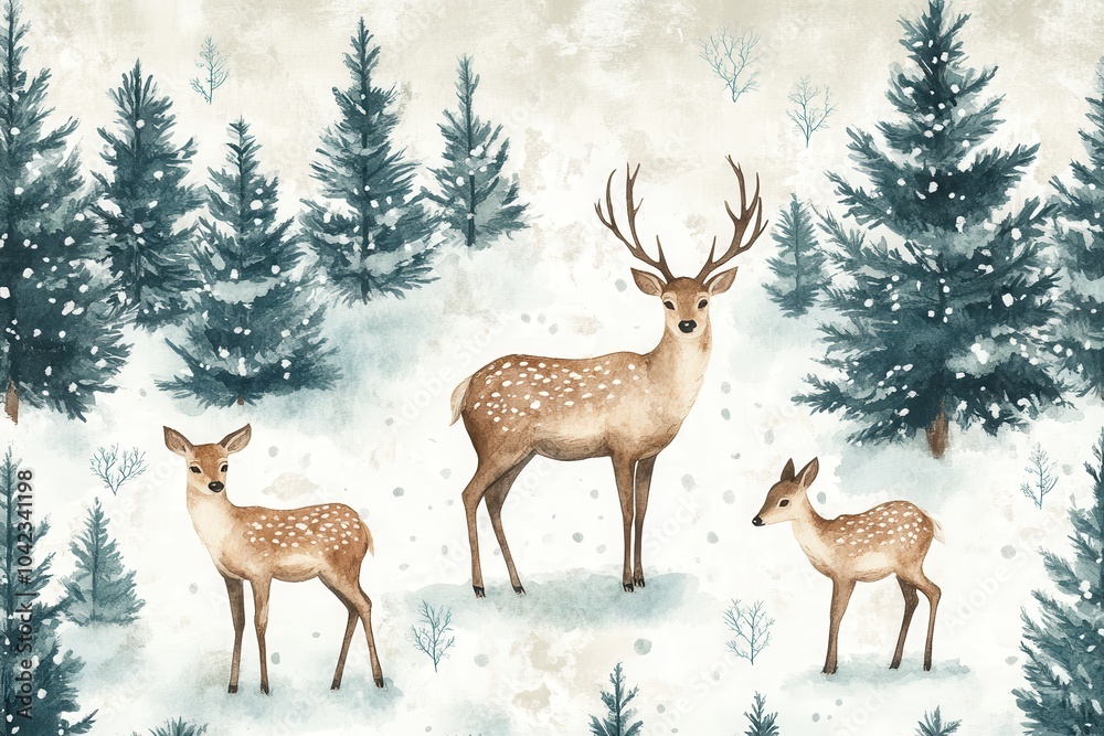 Seamless pattern with watercolor deer in snowy pine forest landscape, capturing serene winter wildlife scene Seamless pattern with watercolor deer in snowy pine forest landscape, capturing serene winter wildlife scene