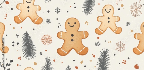 Seamless pattern with pastel gingerbread cookies and pine elements for Christmas photo