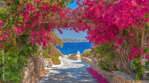 Picturesque Bougainvillea Archway Overlooking Serene Mediterranean Seascape