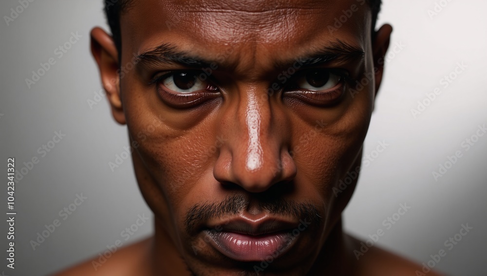 Detailed portrait of an intense focused African American male with dewdrops on his face Detailed portrait of an intense focused African American male with dewdrops on his face