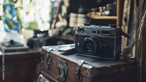 Vintage film camera on top of an old leather suitcase photo