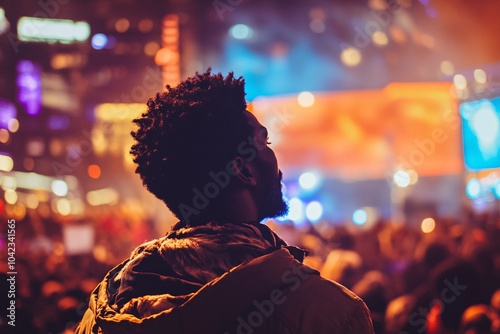 A man attending a live concert in a bustling city venue, surrounded by cheering crowds and vibrant stage lights, soaking in the electric atmosphere 1