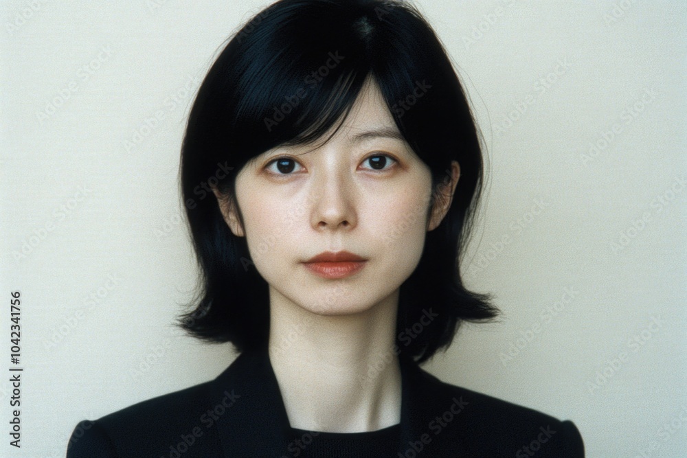 In a moment of quiet contemplation, a young woman with sleek black hair gazes directly at the viewer, exuding elegance and serenity in a professional setting In a moment of quiet contemplation, a young woman with sleek black hair gazes directly at the viewer, exuding elegance and serenity in a professional setting
