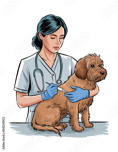Hand-Drawn Illustration of a Veterinarian Administering an Injection to a Dog, Vector Illustration On A Transparent Background