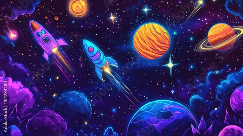 Fototapeta Naklejka Na Ścianę i Meble -  Vivid cosmic doodles showcase rockets, planets, and stars floating through a striking outer space background alive with color. Generative AI