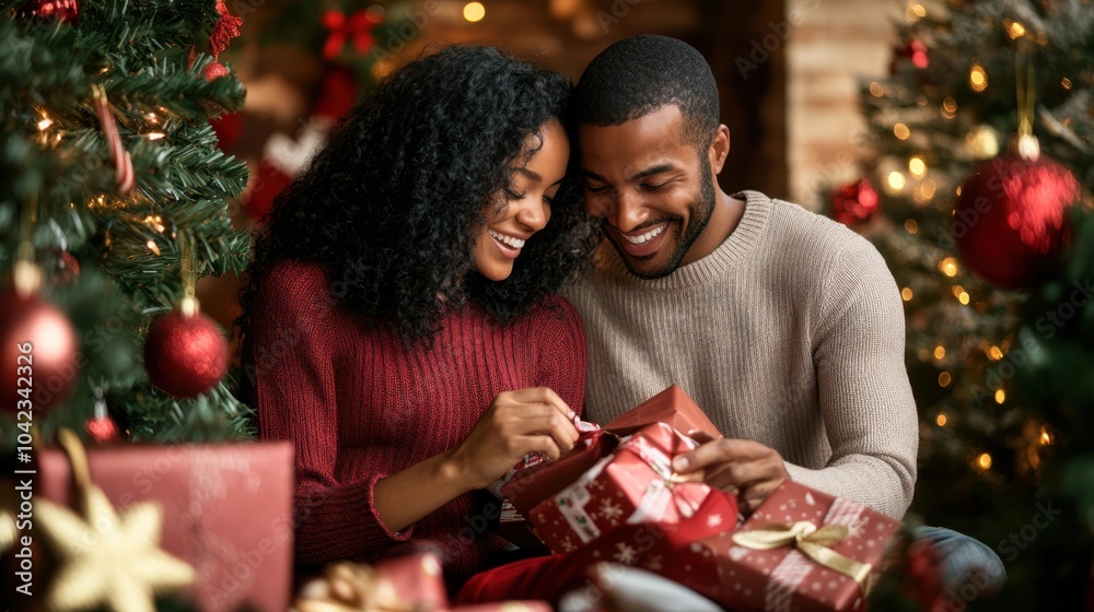 Romantic Couple Exchanging Christmas Gifts by Festive Tree Romantic Couple Exchanging Christmas Gifts by Festive Tree