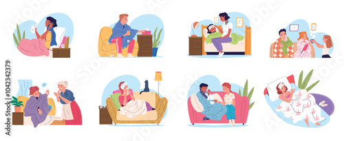 Sick recovered people. Ill family influenza home treatment recovering, weak coldness woman sickness man on couch sofa bed flu cold fever sneeze rhinitis, classy vector illustration