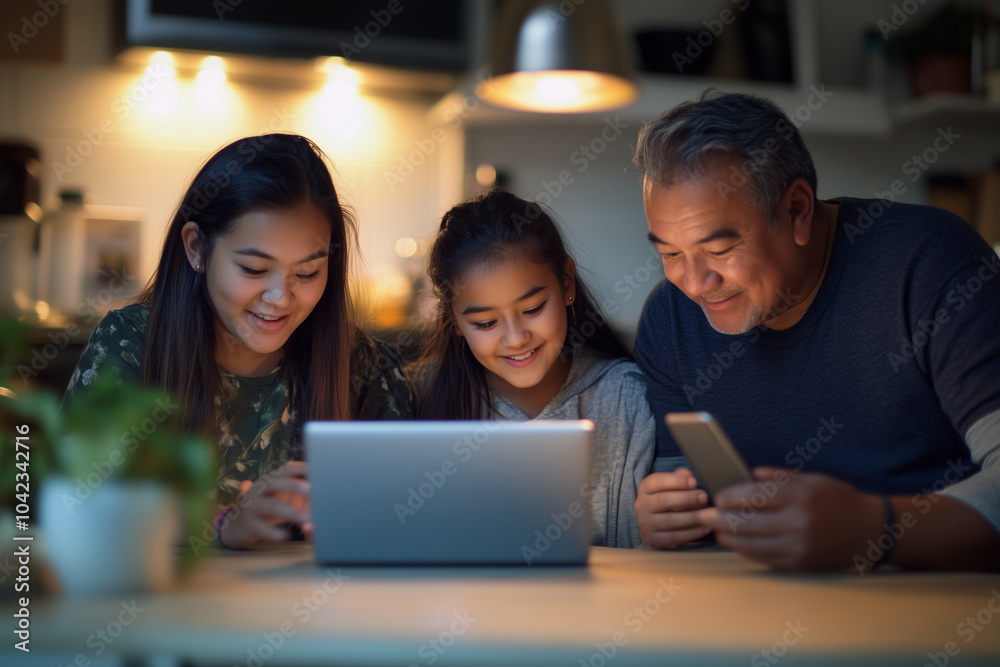 A family enjoys digital entertainment together, smiling while using a laptop and smartphone in a cozy indoor setting. A family enjoys digital entertainment together, smiling while using a laptop and smartphone in a cozy indoor setting.