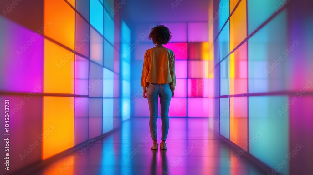 A person stands in a vibrant corridor of colorful, illuminated panels, AI A person stands in a vibrant corridor of colorful, illuminated panels, AI