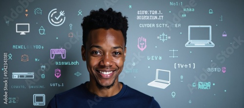 A digital art illustration showcases an African-American IT student excelling in coding cybersecurity AI and computer science  dreamy  abstract patterned for online learning photo