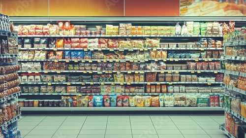 Well-stocked supermarket shelf with various food products photo