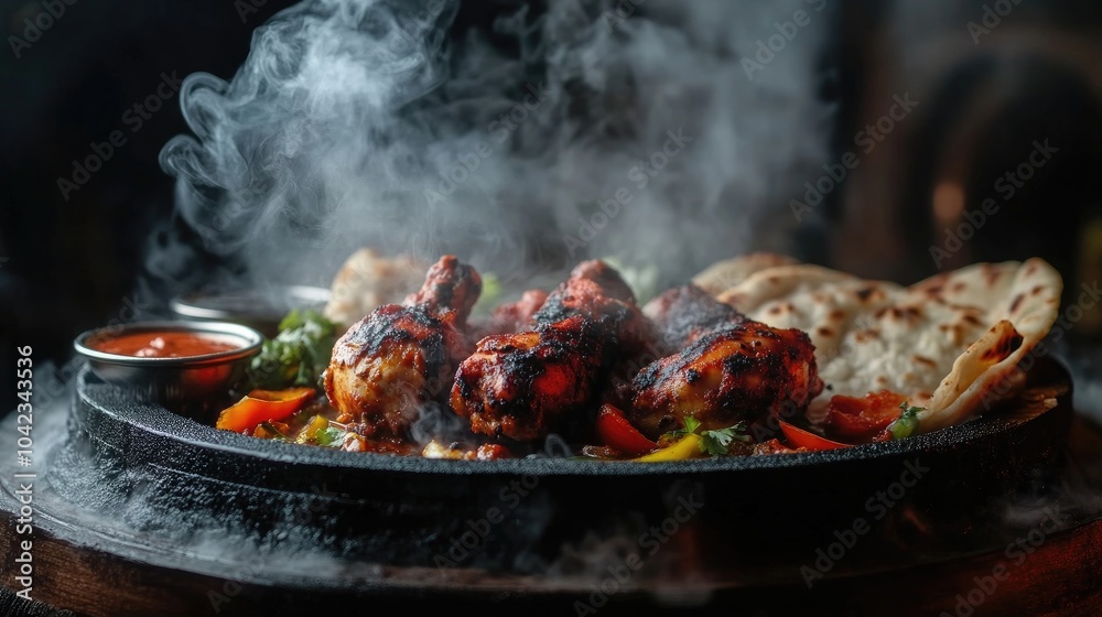 Sizzling Grilled Chicken on Hot Plate with Vegetables Sizzling Grilled Chicken on Hot Plate with Vegetables