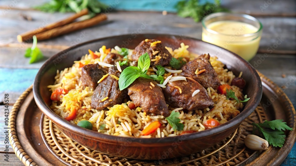 Delicious lamb biryani served in a rustic bowl with fresh herbs and spices at a cozy dinner setting Delicious lamb biryani served in a rustic bowl with fresh herbs and spices at a cozy dinner setting