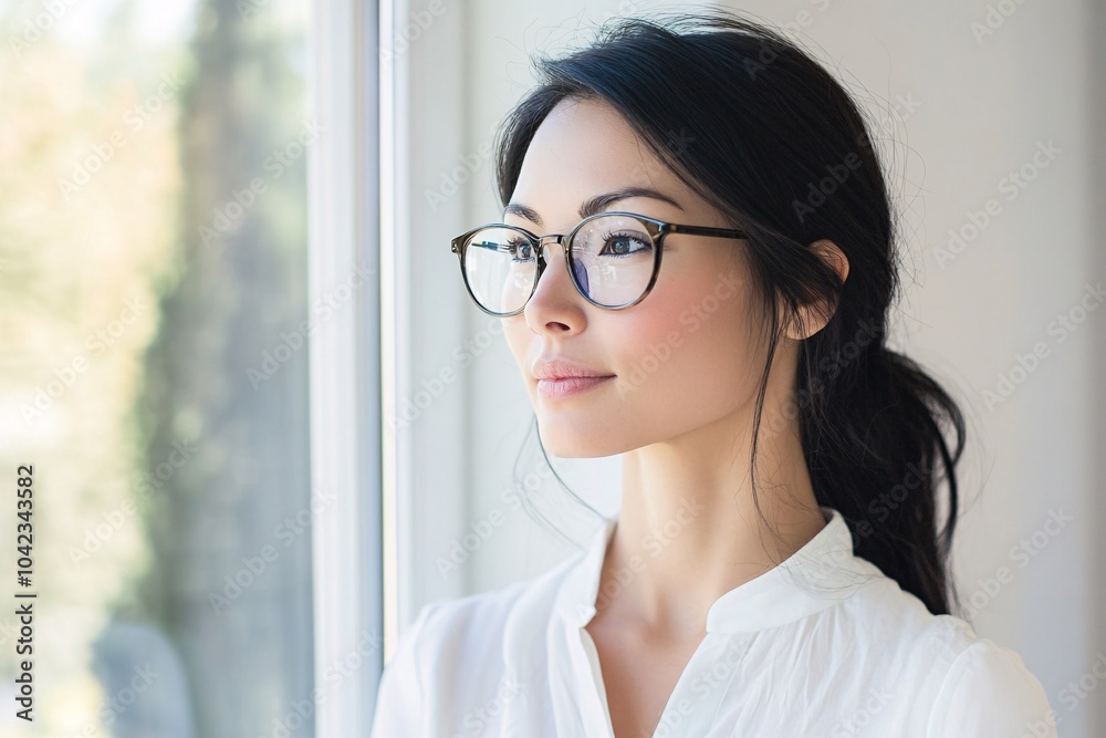 Young woman with black hair, wearing glasses and a white blouse, standing by a window, bright office, confident expression, side view 4
