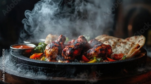 Sizzling Grilled Chicken on Hot Plate with Vegetables