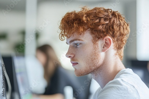 Young man with red hair, wearing a white shirt, sitting at a desk, coding with team, tech office, focused look, side view 2 photo