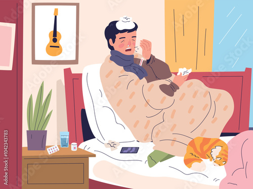 Sick man in bed. Adult ill guy with fever viral flu sickness chills under blanket, recovery sickly patient virus seasonal illness home convalescence, classy vector illustration