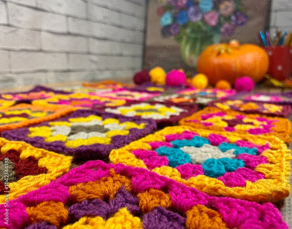 Autumn composition with crocheting, pumpkin, leaves, scissors and clews and hooks fall vibe cozy home photo Autumn composition with crocheting, pumpkin, leaves, scissors and clews and hooks fall vibe cozy home photo
