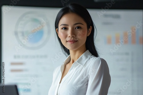 Woman with black hair, wearing a white blouse, presenting a graph in meeting room, confident look, front view 1 photo