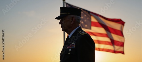 An old veteran silhouetted against the setting sun depicted on the U photo