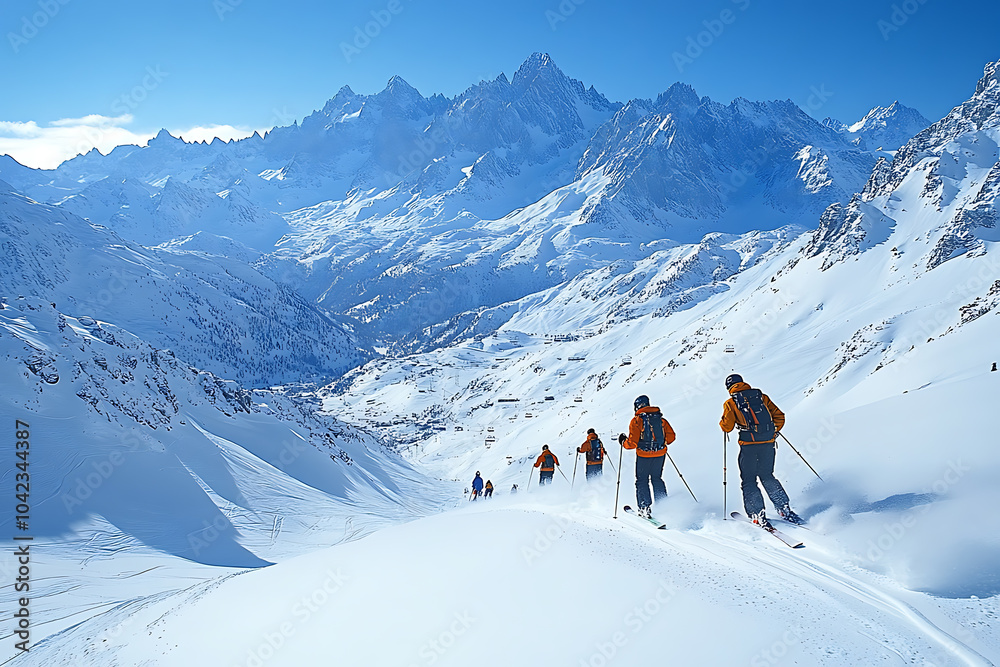 Skiers navigating down snowy mountain slopes, with stunning winter mountain views and a clear sky, enjoying an exciting day of skiing.
Skiers navigating down snowy mountain slopes, with stunning winter mountain views and a clear sky, enjoying an exciting day of skiing.