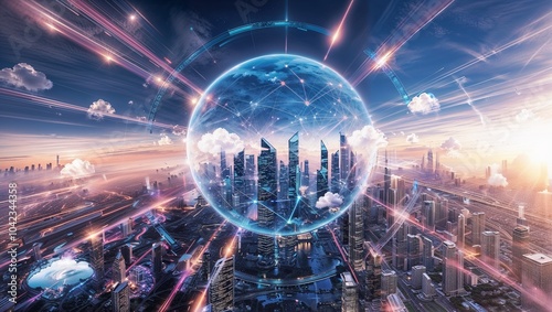 A technologically advanced smart city, every aspect exudes modernity and efficiency, a seamless network of wireless connections powering cloud computing services. The high speed internet enables globa