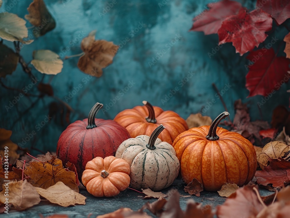 Autumn still life with pumpkins and leaves on rustic background Autumn still life with pumpkins and leaves on rustic background