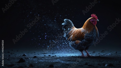 A rooster stands in a spotlight with blue dust floating around it.