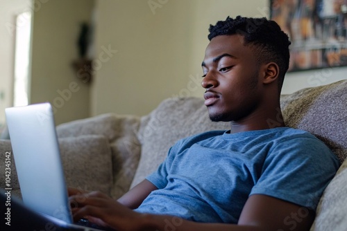 Man with short black hair, wearing a blue shirt, sitting on a couch with a laptop, casual home setting, relaxed expression, side view 3 photo