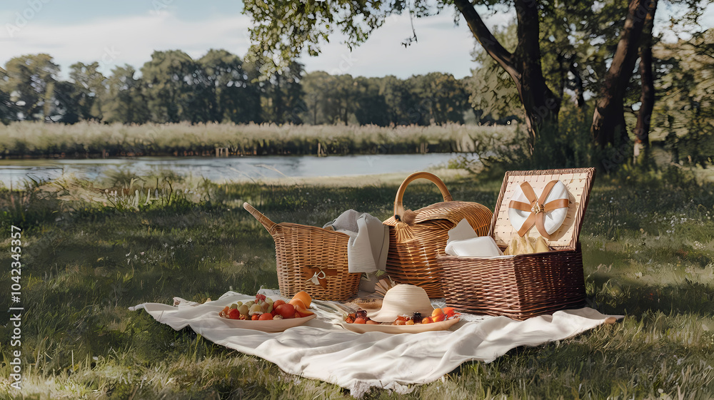 Fototapeta premium A serene picnic setup by the lake, featuring baskets, fruits, and a straw hat on a blanket amidst nature's beauty.