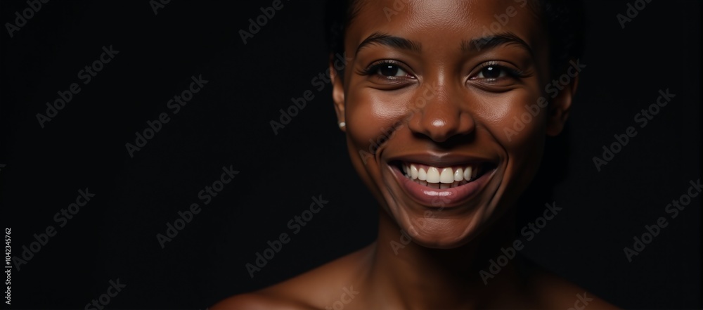 Close-up portrait of a youthful radiant African American woman with smooth skin and a bright smile gazing off into the distance on a dark backdrop Close-up portrait of a youthful radiant African American woman with smooth skin and a bright smile gazing off into the distance on a dark backdrop