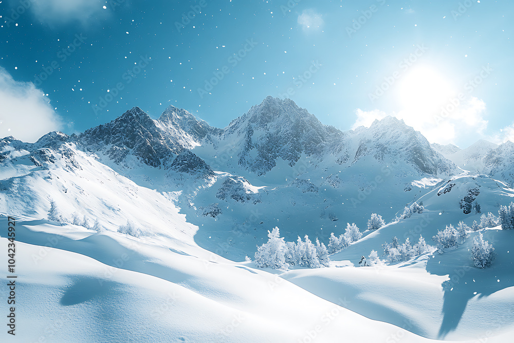 Obraz premium A stunning view of a snow-covered mountain range beneath a clear blue sky, with sunlight illuminating the peaks and showcasing the beauty of winter.