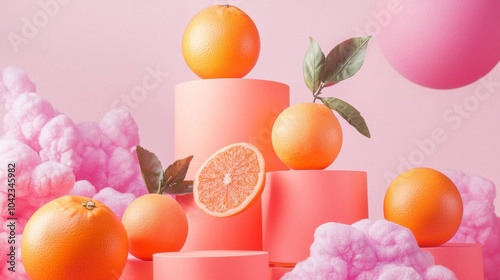 Creative display of oranges on abstract pink background photo