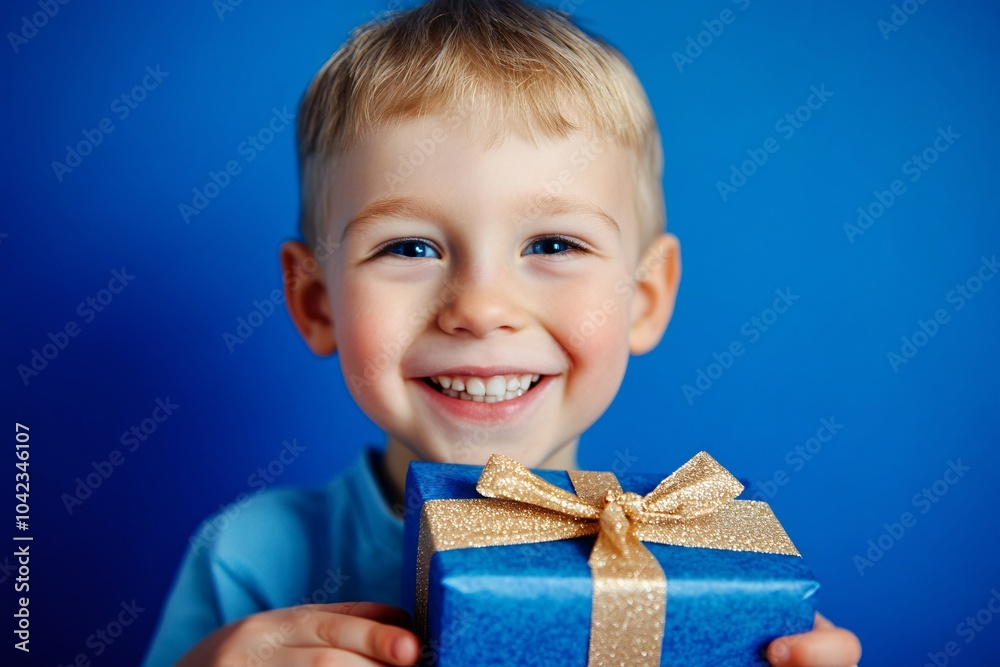Happy boy with birthday present, blue background, cheerful atmosphere, close-up 3 Happy boy with birthday present, blue background, cheerful atmosphere, close-up 3