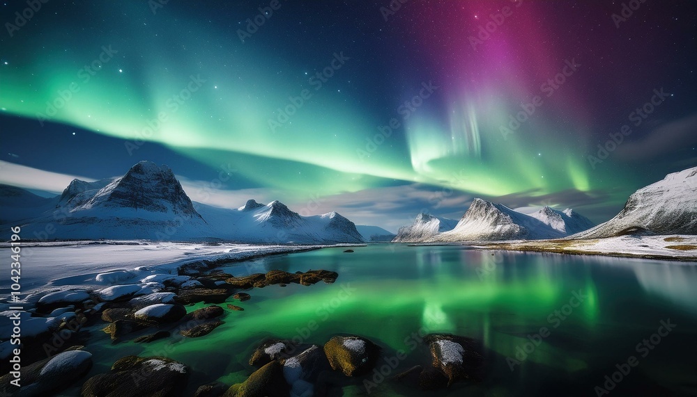 Northern lights in the sky over mountains and a lake