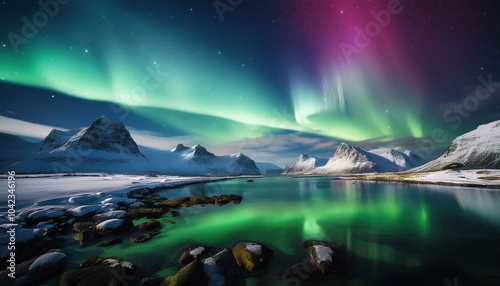 Northern lights in the sky over mountains and a lake