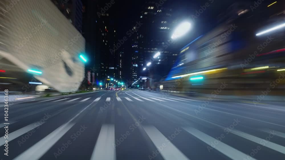 Hyperlapsed High Speed Driver POV Of Big City At Night motion blur capturing the fast pace and energy of urban nightlife. Autonomous Driving, Futuristic Cityscape, City Life.
Hyperlapsed High Speed Driver POV Of Big City At Night motion blur capturing the fast pace and energy of urban nightlife. Autonomous Driving, Futuristic Cityscape, City Life.
