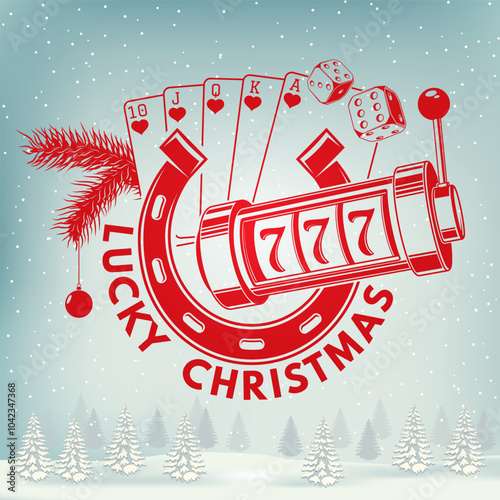 Lacky Christmas and Happy New Year stamp, sticker with horseshoe, slot machines, two dice, poker playing card, christmas ball. Vector. Vintage design for xmas, new year emblem in retro style.