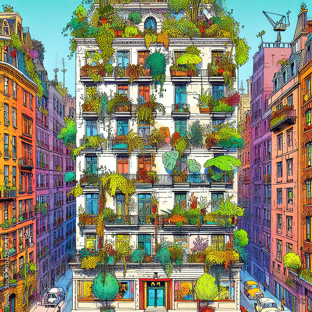 Fototapeta premium illustration, drawn multi-story building in the city.AI generated