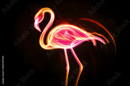 Neon silhouette of a flamingo icon isotated on black background. photo