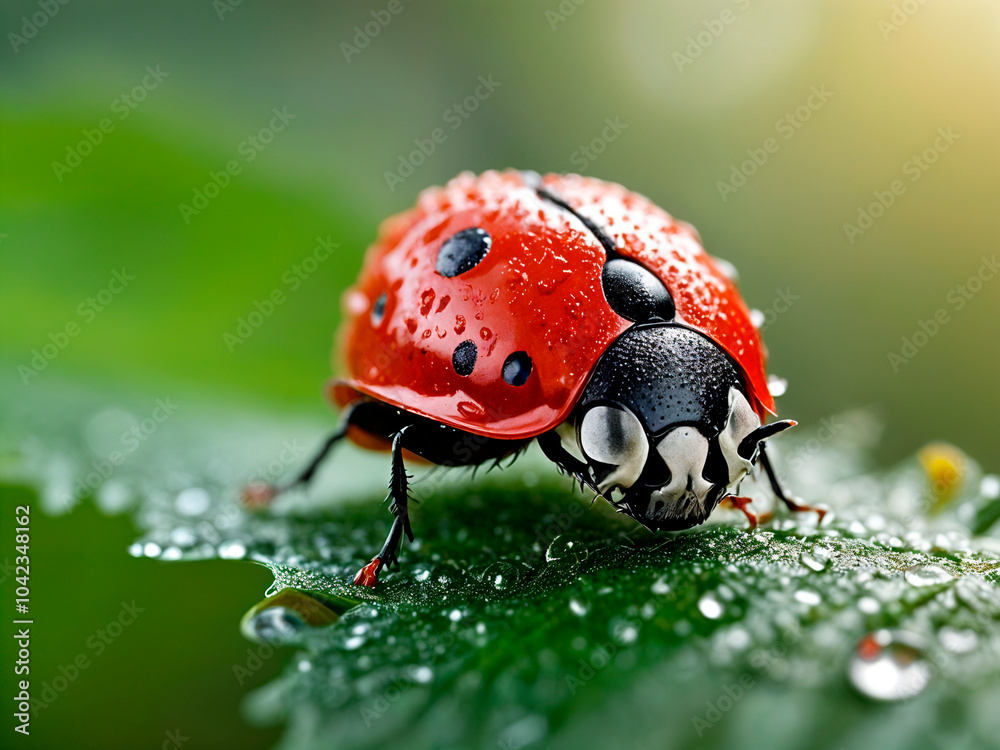 Fototapeta premium Macro shot of a bright red ladybug with an intricate black skull pattern on its shell, perched on a green leaf covered in glistening dewdrops - generated by ai
